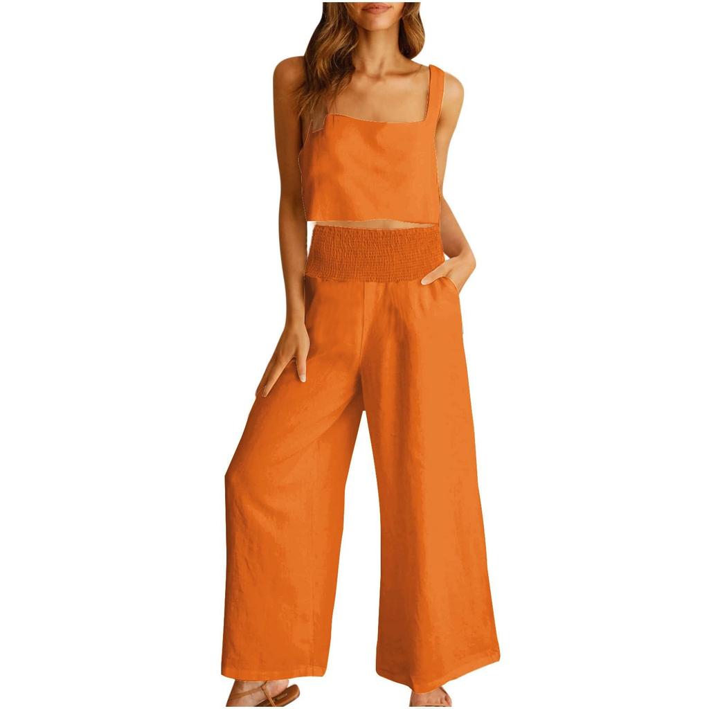 Women's Two Piece Outfits Linen Sets Short Sleeve Button Crop Tops Casual Shorts Set With Pockets
