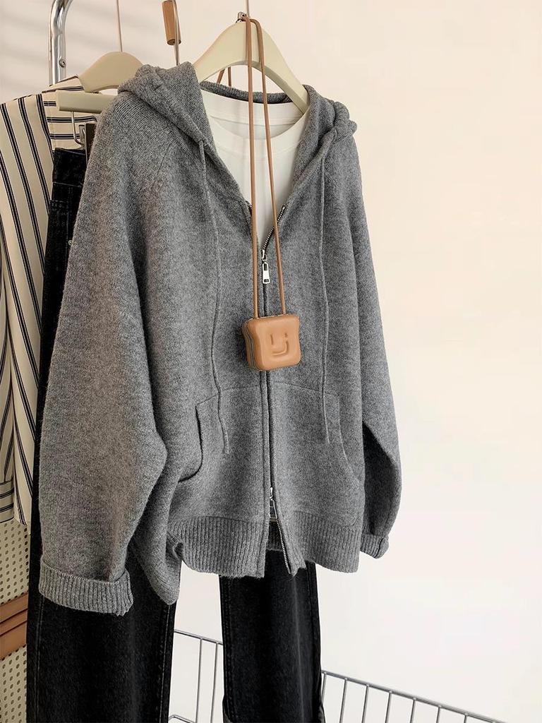 Hooded Zipper Knit Cardigan - 2025 Autumn/Winter Collection, Loose Fit, Solid Color, Casual Versatile Top