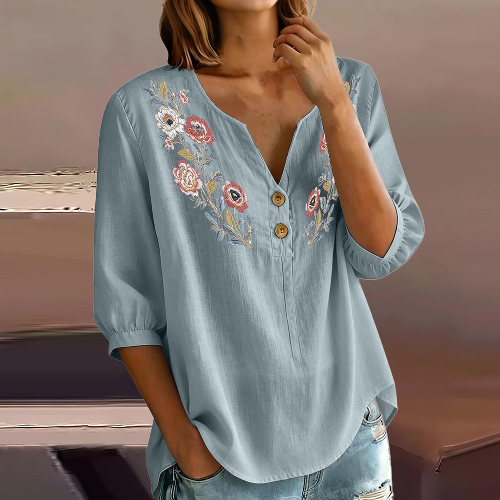 Damen Florale Stickerei Henley Knopfleiste Dreiviertelärmel Leinen Baumwolle Bluse Lässig Lockerer Schnitt Hemd