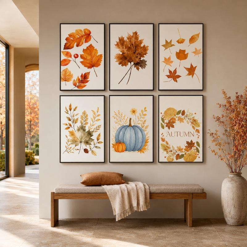 Watercolor Fall Maple Leaf Canvas Gallery Wall Prints Blue Pumpkin Pumpkin Spice Typography Wall Art Farmhouse Home Decor Gift
