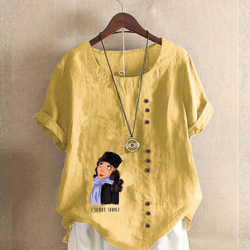 Damen Neue Mode Leinenhemd Rundhalsausschnitt Kurzer Ärmel Schal Mädchen Bedrucktes T-Shirt Sommer Damen Freizeit Große Größen Blusen Oberteile