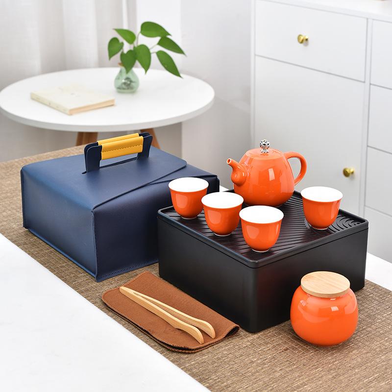 Creative ceramic travel tea set cover, cover bowl, cool pot, one pot, four cups, tea tray storage bag, business gift.