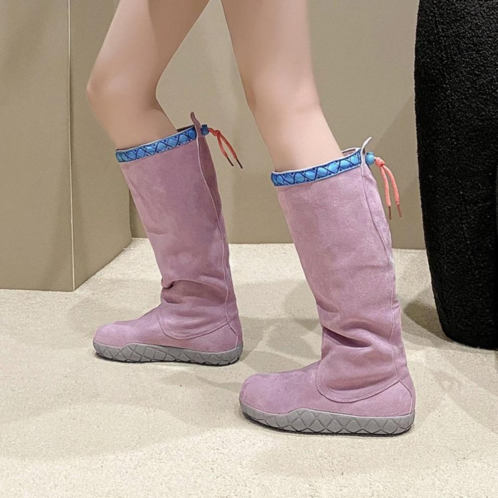 Women's Winter Long Boots Violet Long Tube Boots Women Shoes Retro Style Round Toe Versatile with Plush High Tube Knight Boots