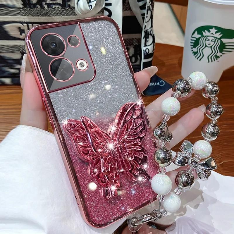 3D Butterfly Phone Holder Bead bracelet Glitter Plating Case for OPPO Reno 8 7 Pro Plus 4G 5G Back Cover