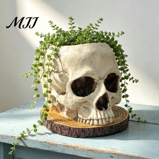 Halloween Tabletop Ornament Retro Skull Planter, Spooky Gothic Human Head Flower Pot, Unique Niche Decoration Skeleton Candy Bowl for Home Bar Office