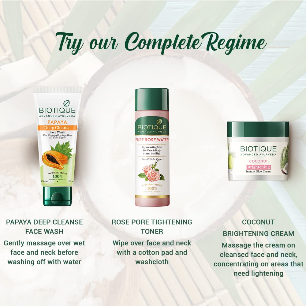Biotique Coconut Brightening Glow Cream 50g | Natural Radiance Face Moisturizer | Lightweight Non-Greasy Formula | Dark Spot Reduction
