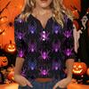 Women's Halloween Printed V-Neck Short Sleeve Tunic with Button and 3/4 Sleeves for Casual Fall Wear