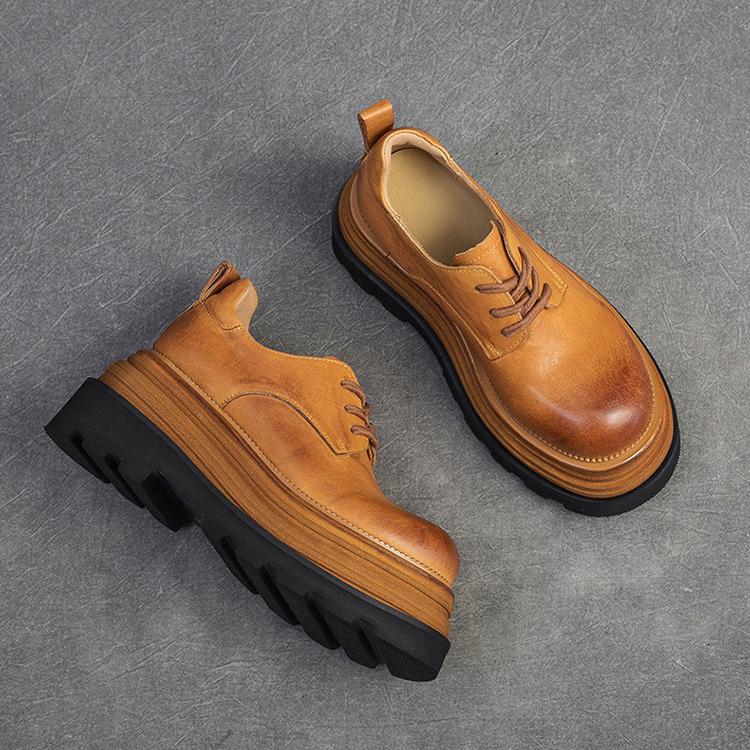 Johnature Zapatos de plataforma plana con suela gruesa y elevación retro, zapatos de mujer de moda versátiles con cordones y punta redonda