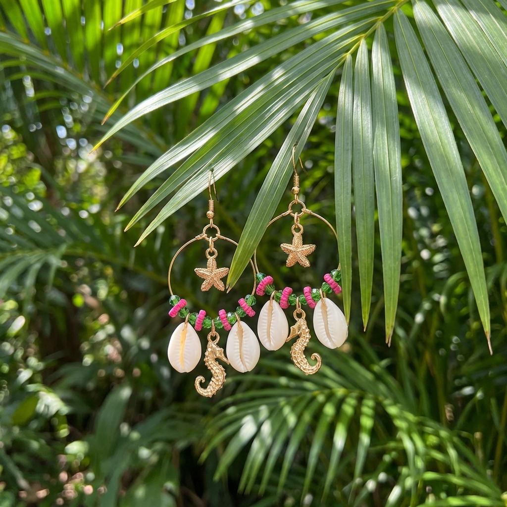 Tropical Fresh Drop Earrings For Women Starfish Shell Crystal Tassel Gold Tone Summer Beach Jewelry