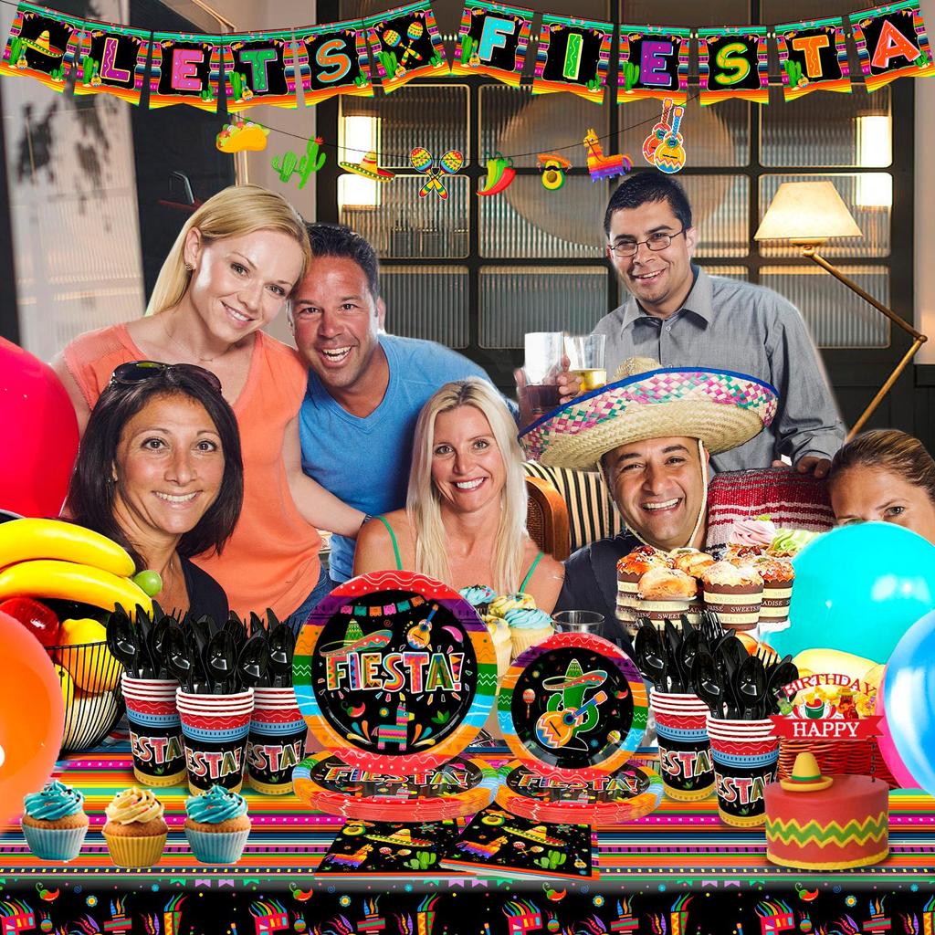 161pcs Mexican Party Paper Tableware Set - Mexican Fiesta Plates Cups Napkins Tablecloth Banner etc Fiesta Party Decorations Tableware