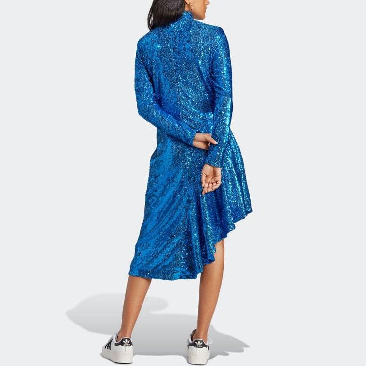 Adidas Originals Blue Version Series Sequin Trim Irregular Hem High Neck Long Sleeve Dress Women Dresses HR3414