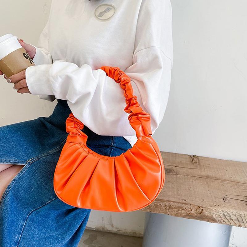 Fashion Pleated Handle Bags For Women Solid Color Cloud Bags PU Leather Shoulder Bags Armpit Bag Leisure Girls Small Tote Casual