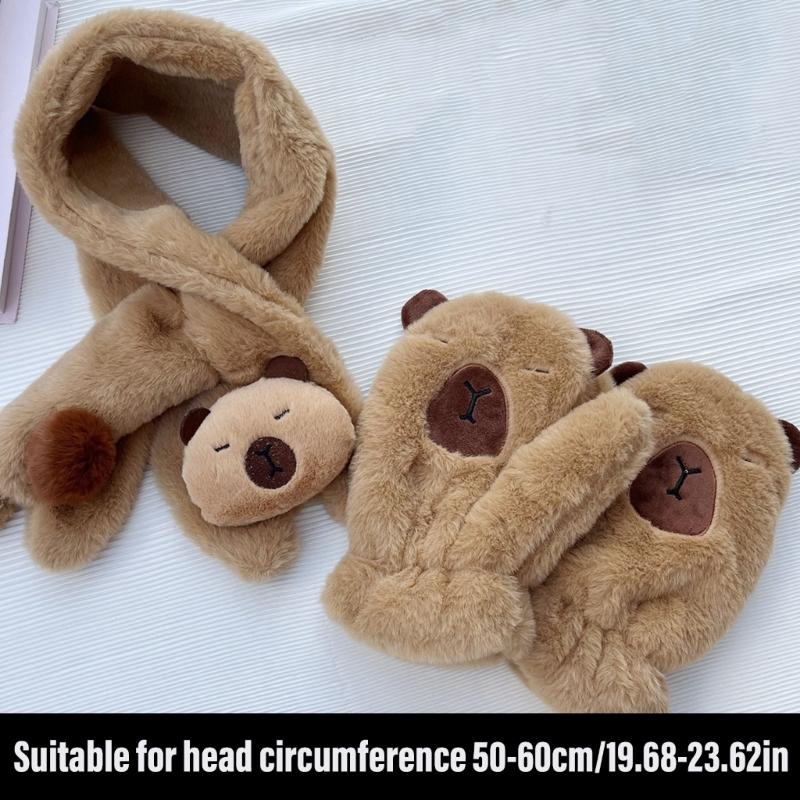Lovely Plush Capybara Cartoon Scarf and Glove Set for Warmth Stylish Winter Wear Handwear and Neck Gaiter for Women Kids