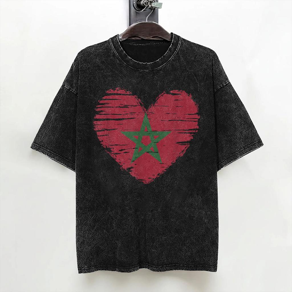 Washed T Shirts Morocco Flag Hip Hop Fashion Tshirt Harajuku Moroccan Streetwear Short Sleeve Printed Tee Shirt For Men Women