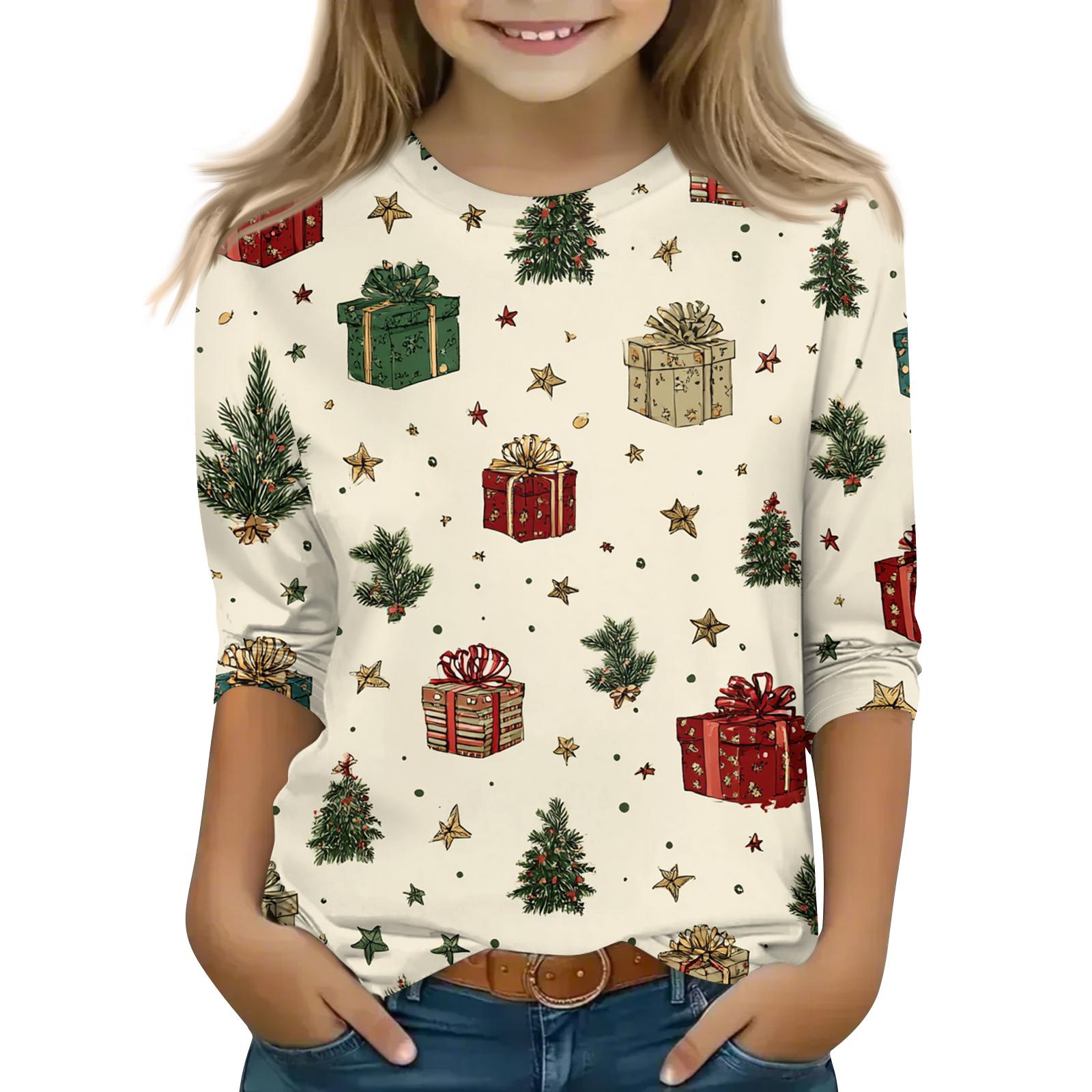 

Children s 3/4 Sleeve Round Neck Top Christmas Tree Printed Everyday Casual Top 110 бежевый