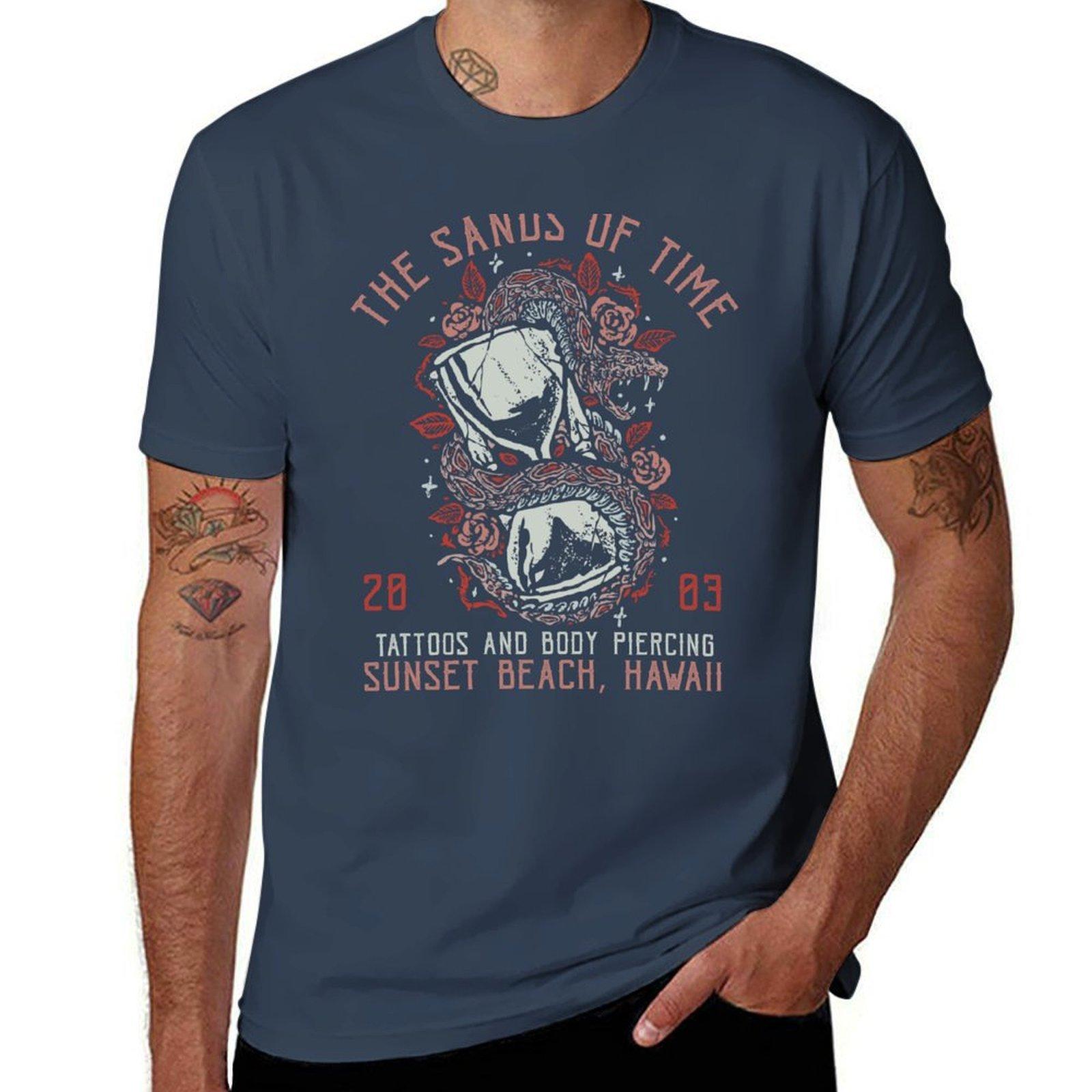 The Sands Of Time Sunset Beach Hawaii Tattoo Studio Hourglass Snake Roses Tshirt Thanksgiving Casual Tee S