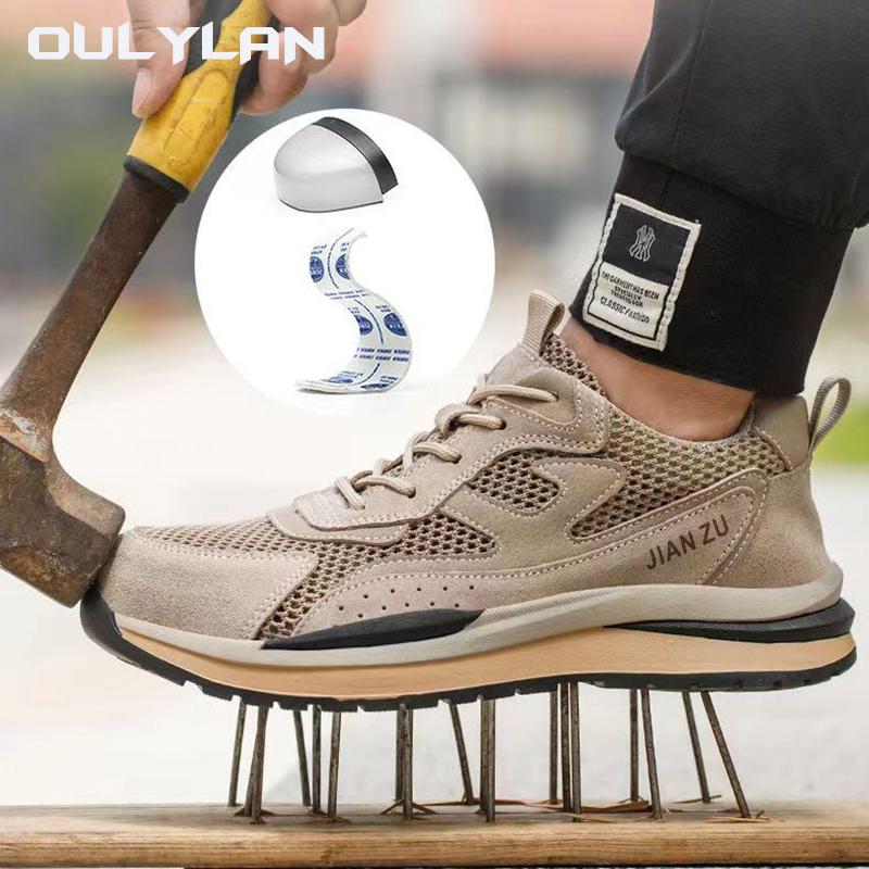 Oulylan Summer Safety Shoes Men Steel Toe Protection Bull Tendon Sole Anti Smashing Puncture Comfortable Wear-Resistan