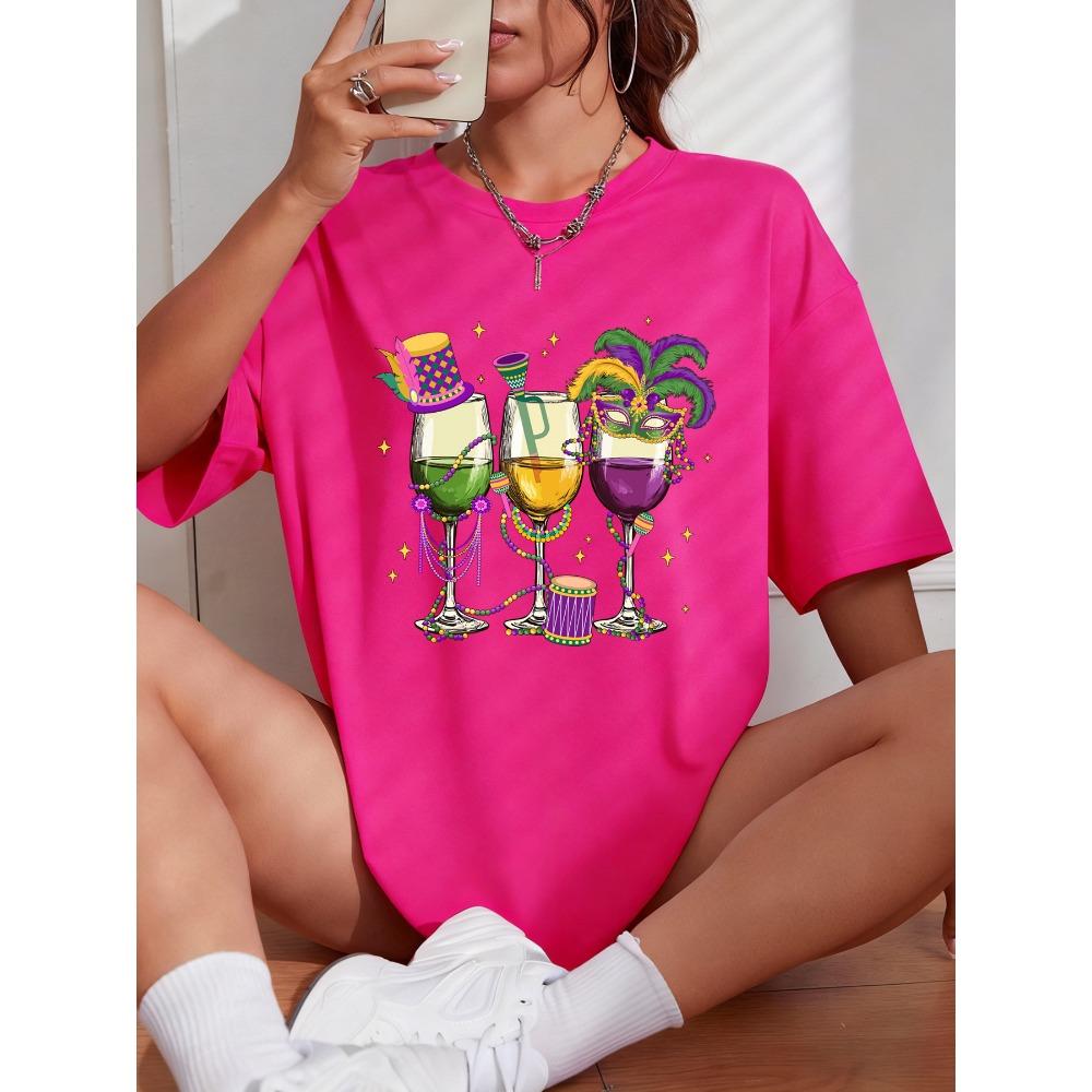 Happy Carnivals Wine Cup Hand Drum Print Short Sleeve Women Cotton Y2K Crewneck T-Shirt Soft Top Summer Loose T Shirt