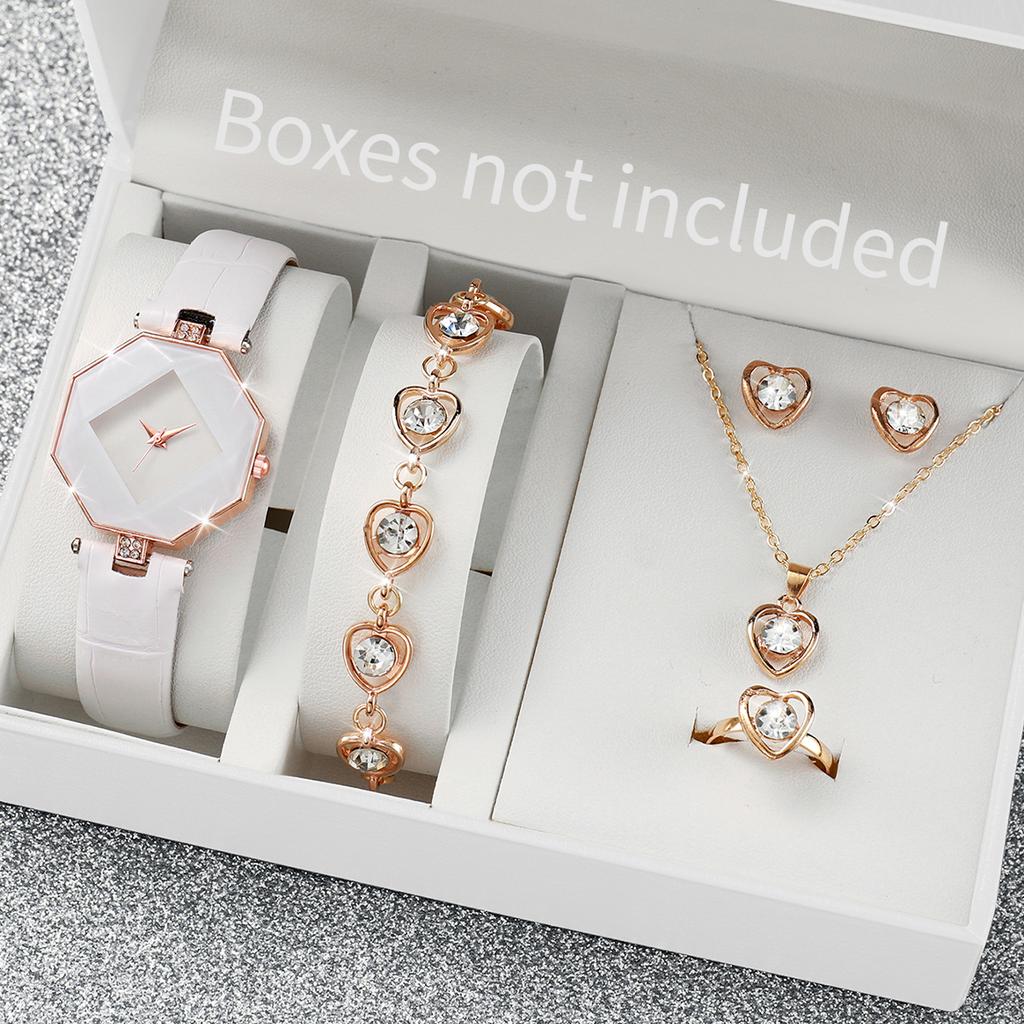 Set da 6 pezzi Lusso Donna Custodia a Rombo Orologio al Quarzo & Set Gioielli Diamante Cuore d'Amore
