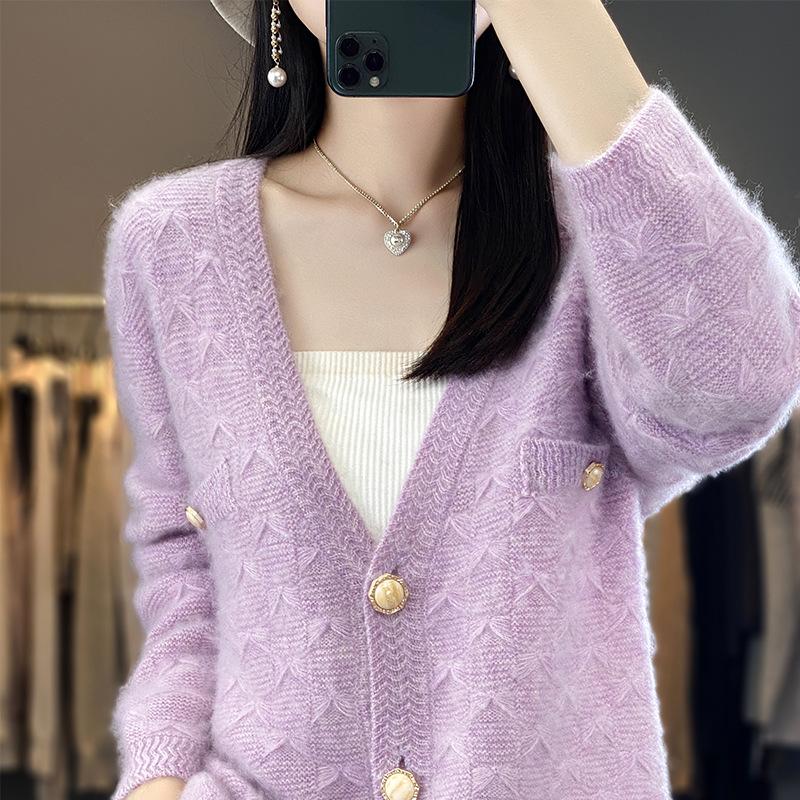 V-neck Diamond Crimped Wool Cardigan for Women In Autumn and Winter Loose and Versatile Solid Color Knitted Wool Jacket Top