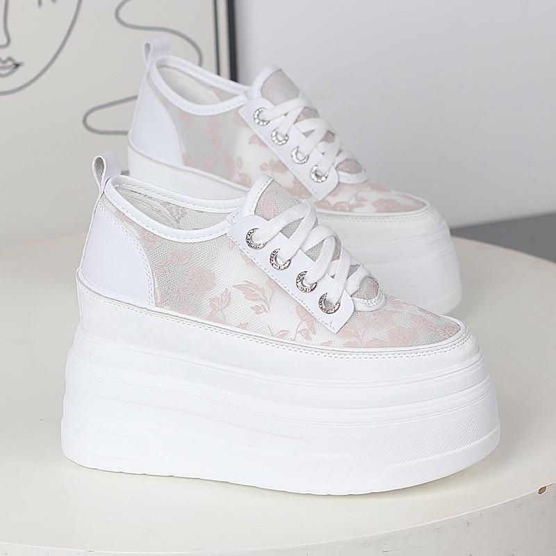Fashion 12CM Air Mesh New Genuine Synthetic Leather Pumps Platform Wedge Summer Hollow Sandals Chunky Sneakers Women Fashion Shoes