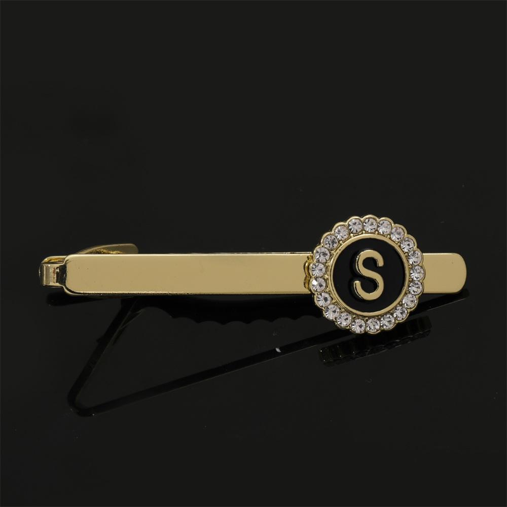 26 Letters Capital Initial A-D-G-Z Tie Clip With Crystal Around Pattern Golden Color For Men Boys Business Formal Jewelry Gift