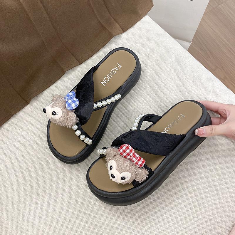 Beach Shoes Cool Slippers Accessories Korean Exterior Women's Slippers Flip-flops Seaside Flip-flops Bear Pinch Feet Fashion Casual