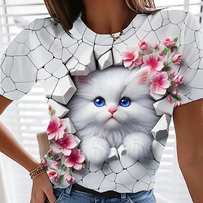 Women's T Shirt 3D Printing Kawaii Cat Floral Graphics Casual Short Sleeve Tees Tops Fashion Summer O-Neck Y2K T Shirt For Girls