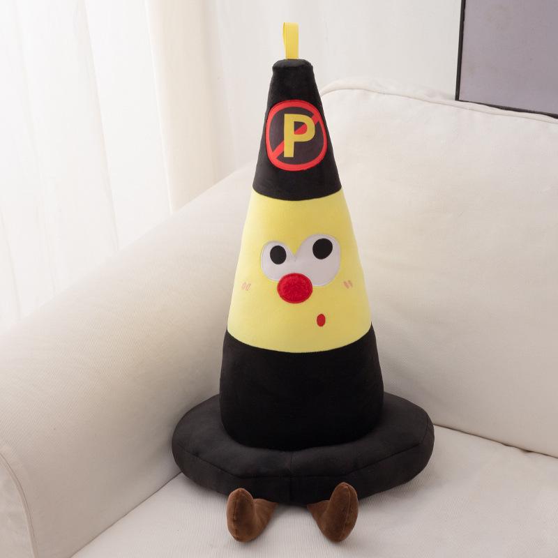 Cartoon Fire Extinguisher Plush Pillow with Road Cone Backrest and Warning Sign Prop