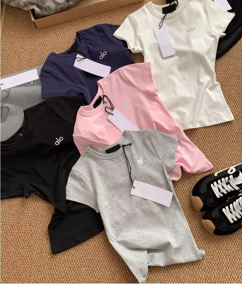 Embroidered ALO Unisex Short Sleeve T-Shirt - Summer Drop Shoulder with New Small Logo for Comfort and Breathability