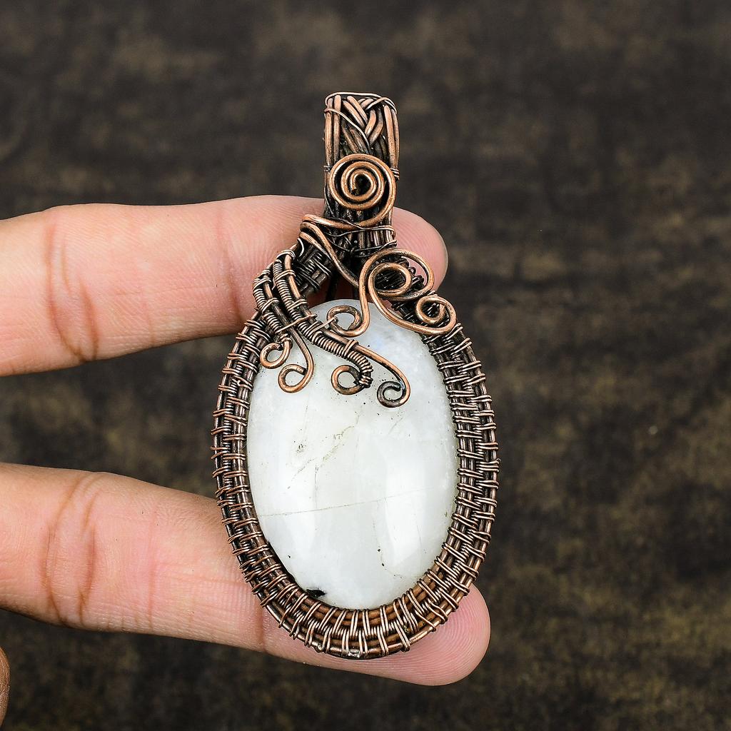 Natural Rainbow Moonstone Gemstone Copper Wire Wrap Gift Pendant 3.07 V5Q53