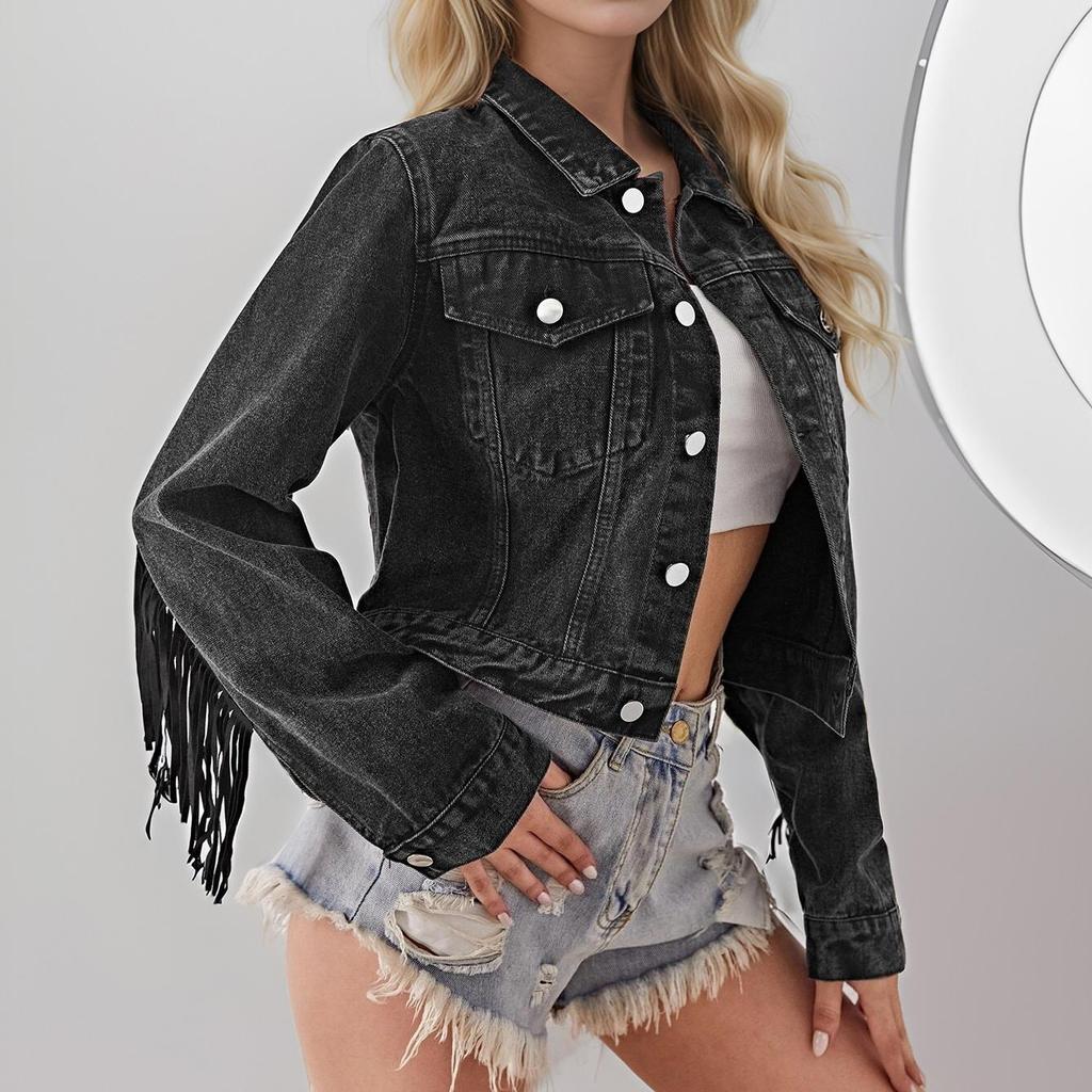Giacca di jeans da donna con frange Giacca corta invecchiata Amazon Denim Tops