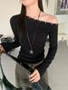 [Keren Cotton Modal] Rivet Slant Shoulder Long Sleeve T-Shirt Women's Slim Bottom Shirt Top Black American