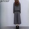 BITCED Women's Fall/Winter Two-Piece Set: Herringbone Tweed Blazer & Wide-Leg Pants Casual Fashion Set