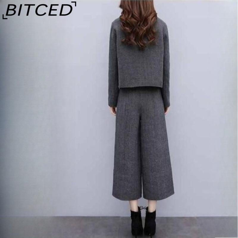 BITCED Women's Fall/Winter Two-Piece Set: Herringbone Tweed Blazer & Wide-Leg Pants Casual Fashion Set