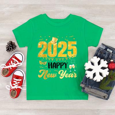 Camiseta Infantil 2025 Feliz Año Nuevo 3-14 Años Manga Corta Estampado de Letras Divertido Niño Niña Ropa de Fiesta para Vacaciones Camiseta de Año Nuevo