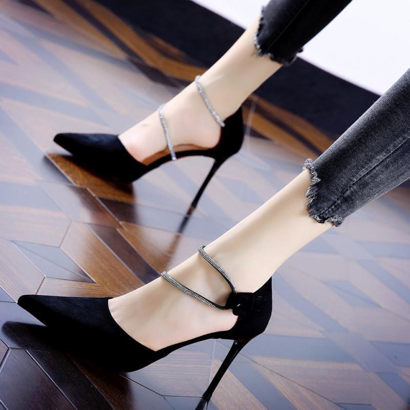 Korean version of suede thin single shoes girl 2025 autumn new product banquet pointed rhinestones Velcro stiletto high heels