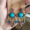 Antique Gold Color Ethnic Rhombus Water Drop Earrings for Women Elegant Long Insert Rhinestone Acrylic Geometric Dangle Earring
