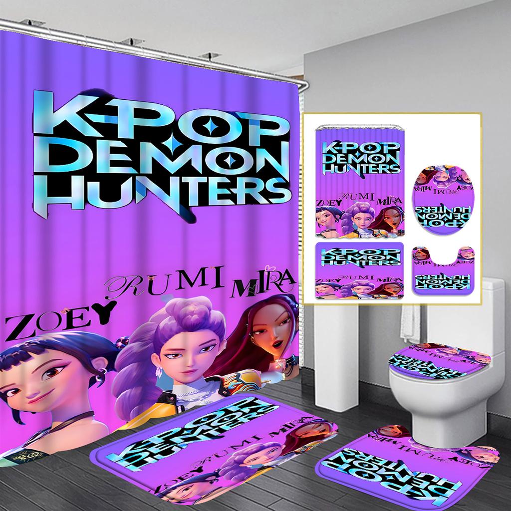 Character Print Bathroom Mat And Shower Curtain 4-Piece Set