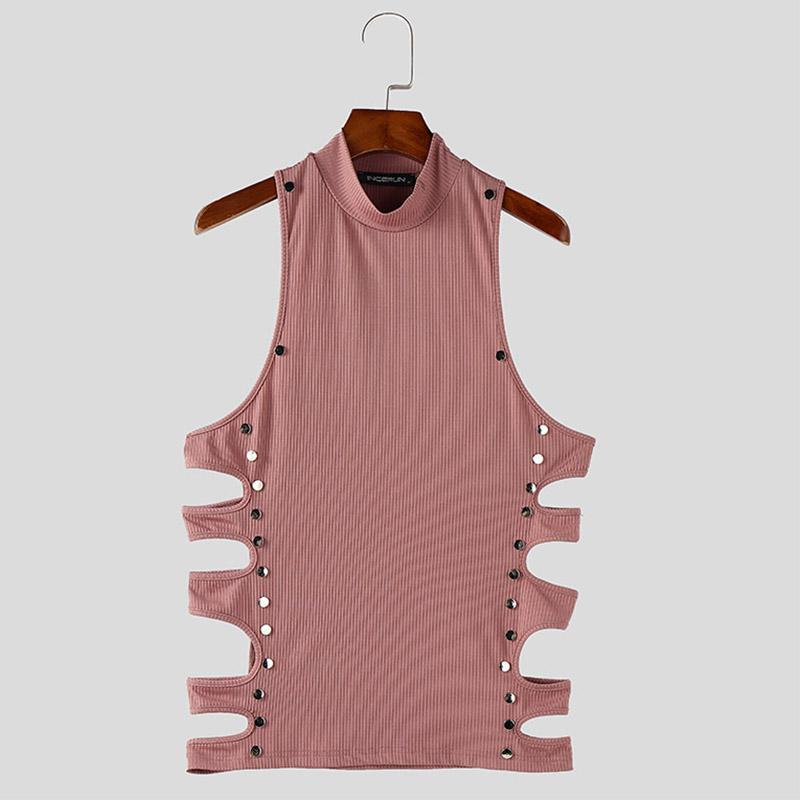 

INCERUN Мужские летние топы-майки без рукавов с декоративными пуговицами и ажурной вязкой в рубчик 2XL розовый