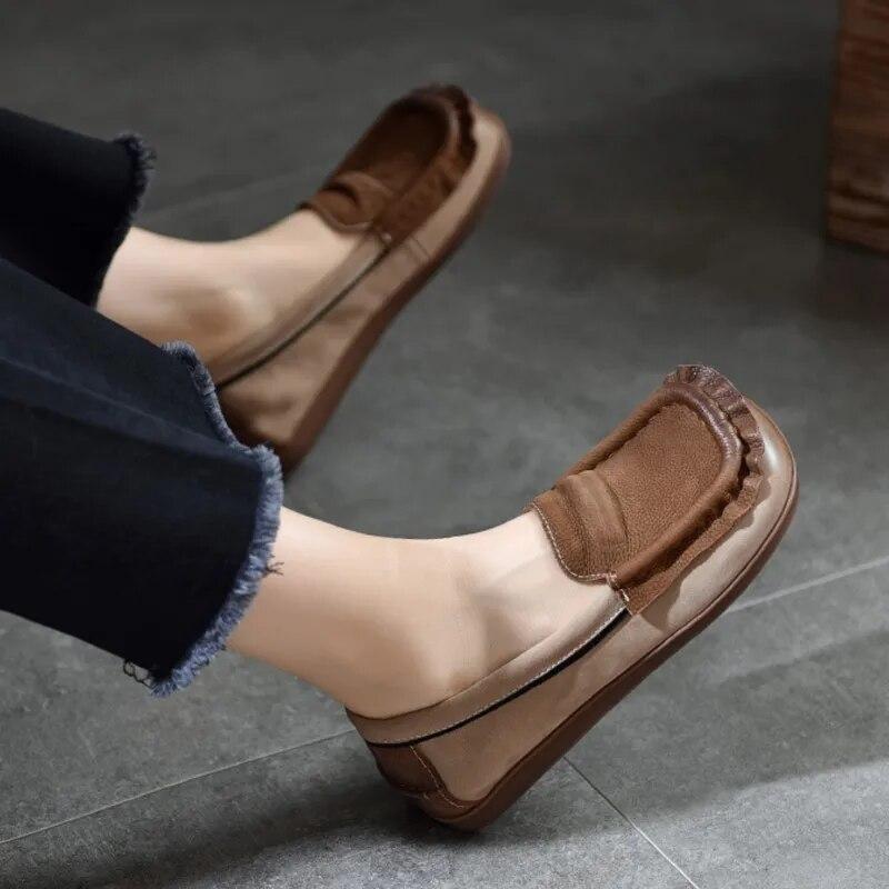 Johnature Loafer aus echtem Leder mit quadratischer Zehenpartie und weicher Sohle, flache Schuhe, Retro-Schlupfschuhe in Mischfarben für Damen