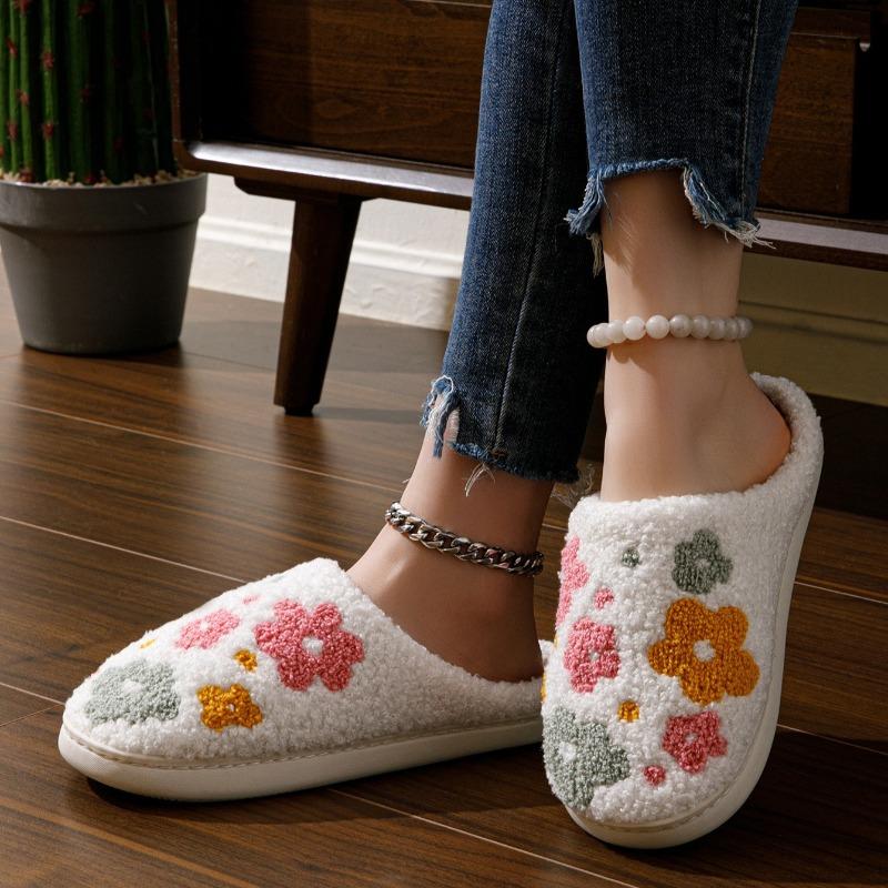 Cartoon Flower Winter Slippers, Warm Indoor House Slides