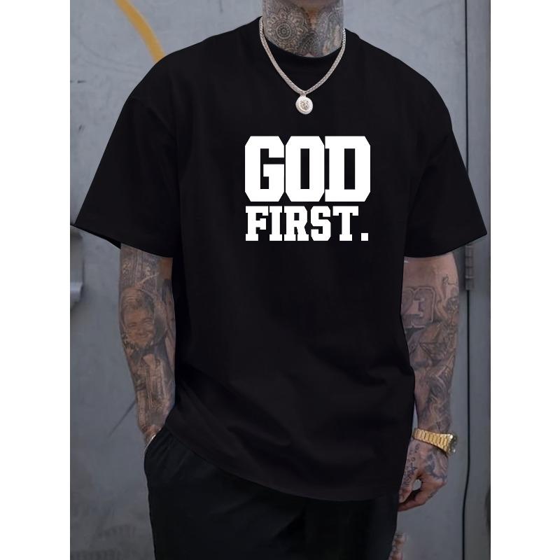 European Sizes Navy Blue Men's GOD FIRST Bold White Lettering T-Shirt - Christian Faith Statement Tee, Casual Round Neck Summer Top for Church
