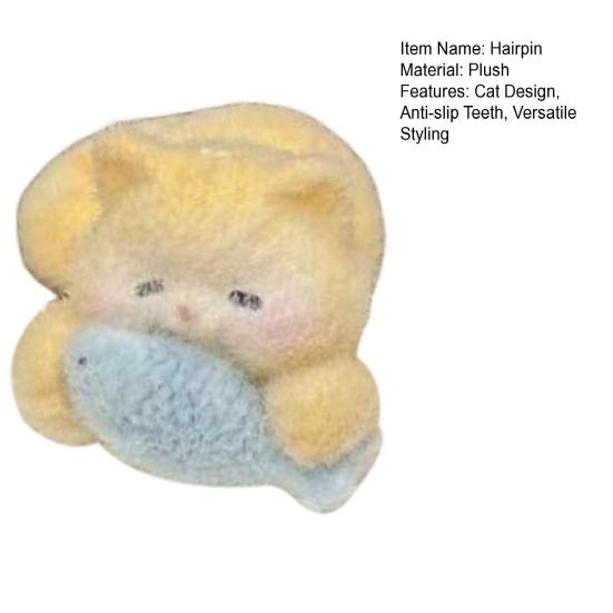 Hairpin Flocked Cat Hug Fish Design Hair Clip Soft Healing Multiple Expression Styles Versatile Hair Accessory