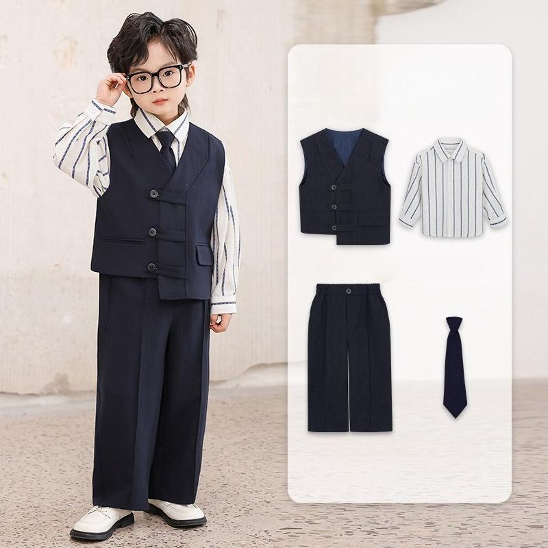 Boys Formal Suit Set 4 Piece School Kids Vest Shirt Pants Tie Gentleman Outfit for Wedding Party Birthday Photoshoot Performance 2-12Y