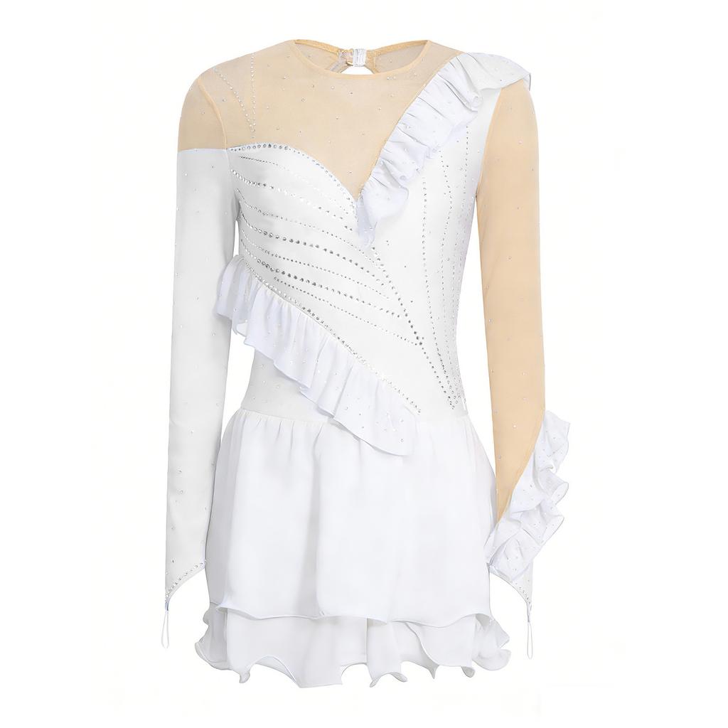 Womens Figure Skating Leotard Dress Ruffled Trim Rhinestones Tiered Chiffon Hem Skirt