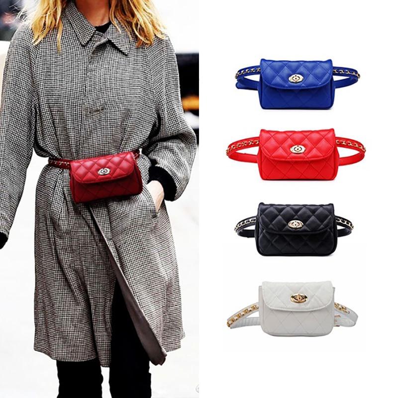 Elegant Women Classic Fanny Pack Chain Waist Hip Belt Bag With Soft Pu Leather