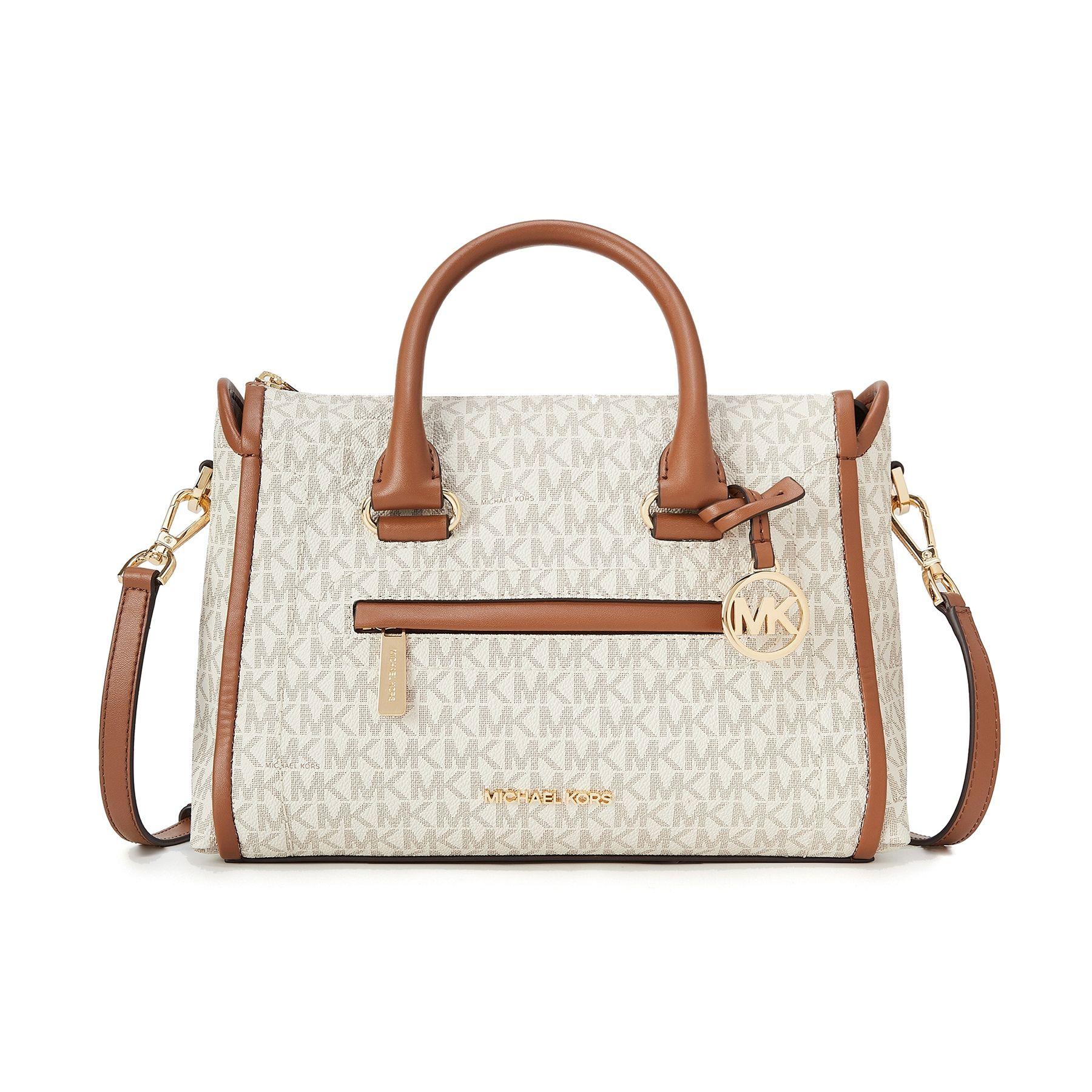 

Michael Kors Carine Gold Logo Pendant Classic Print Faux Leather Boston Bag Women Handbags Brown Gray 35F2GCCS2B-150 Basic Set (Bag+Dust Bag)