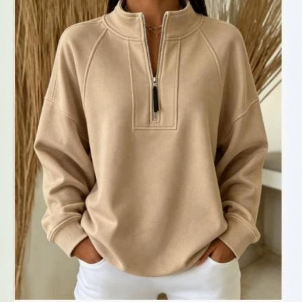 Damen Herbst und Winter Plus Samt Halber Reißverschluss Stehkragen Sweatshirt Raglanärmel Locker Lässig Pullover mit Taschen