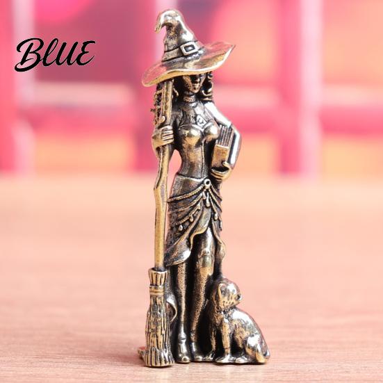 Gothic Tabletop Decoration Brass Witch Statue with Cat Vintage Metal Figurine Collectible Fantasy Retro Copper Tea Pet Halloween Desk Ornament